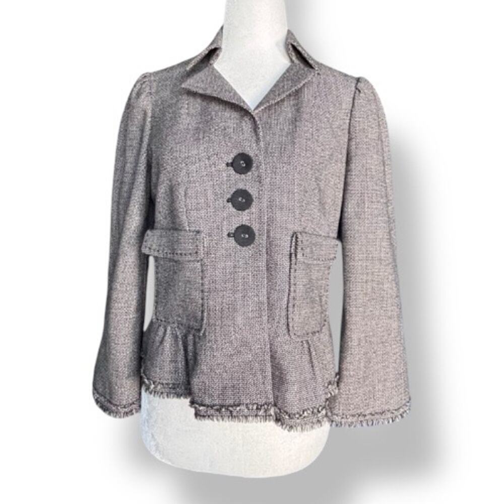 Rebecca Taylor Gray Tweed Wool Jacket Peplum Fringe Mini Polka Dots Designer 4